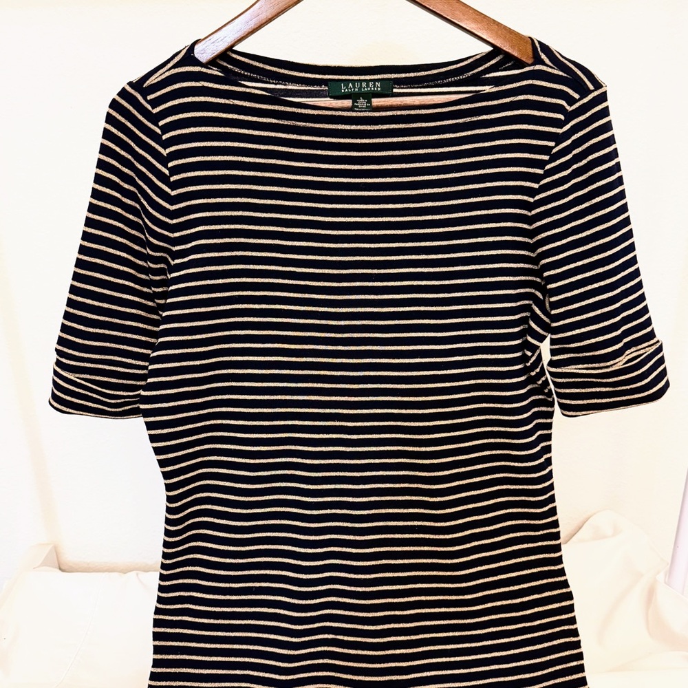 Ralph Lauren Striped Knit Top Black Beige Stretch Short Sleeve Size M